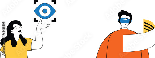 A person pointing at an eye icon while another holds a flag with blindfolded eyes symbolizing awareness or privacy concerns