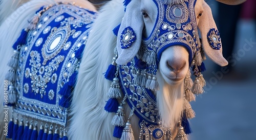 Decorated goat, ornate blue and white costume, festive attire, animal adornment