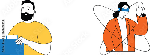 Man holding phone talks to woman wearing augmented reality headset in modern communication setting