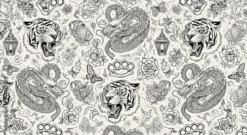 Traditional Tattoo Style Seamless Pattern with Tiger Heads, Asian Dragons, Roses, and Lanterns Black and White Line Art Illustration