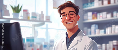 A smiling young pharmacist in a white coat and glasses looks cheerfully out from the pharmacy, providing an atmospheric backdrop for healthcare services.