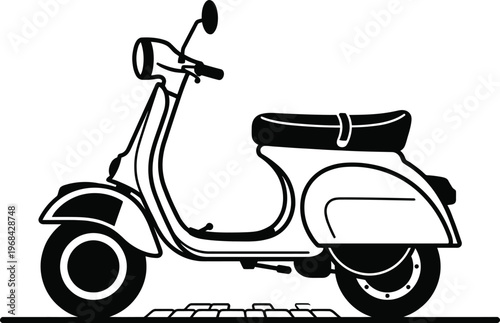 Elegant minimalist illustration of a vintage moped scooter facing right. Ideal for nostalgic travel concepts, city tours, and classic transport themes.