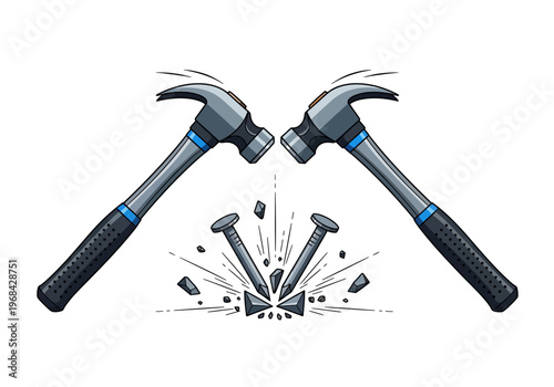 Vector Illustration of Two Hammers Colliding and Shattering Nails with High Impact Effect