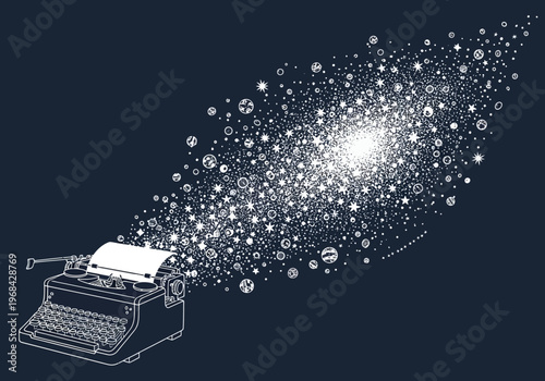 Creative Writing Concept: Vintage Typewriter with Galaxy and Stars Exploding from Paper, Minimalist Line Art Illustration