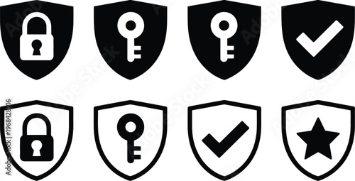 Security shield icons set, vector illustration featuring lock key check mark and star symbols representing protection privacy and safety for apps and UI design.
