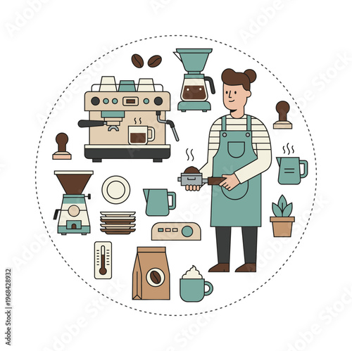 Barista wearing apron, holding portafilter with ground coffee, surrounded by various coffee making items and tools