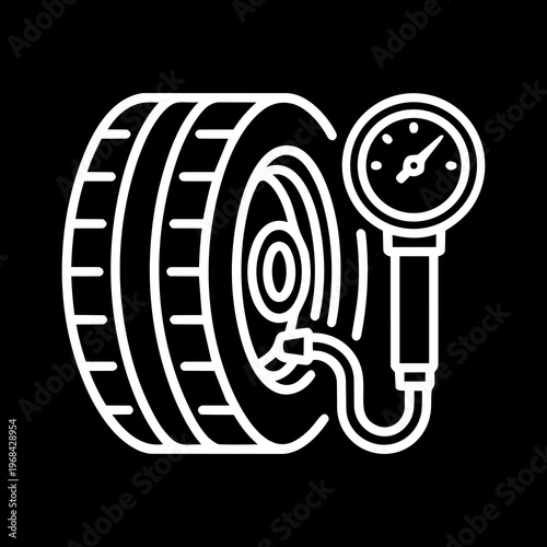 White Line Art Analog Tire Inflator Dial Gauge and Car Tire Vector Icon 