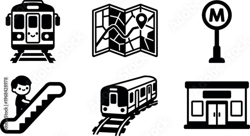 Vector style transit icons train map station escalator and sign collection