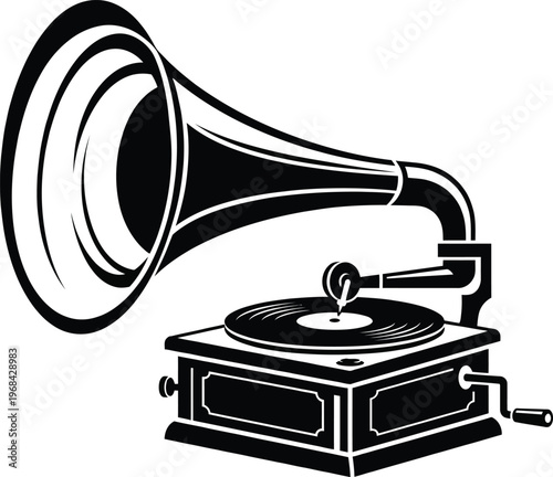 Elegant black and white vector illustration of an antique gramophone. Ideal for retro music themes, vinyl revival concepts, and classic auditory history designs.