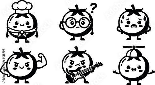 Vector line art six tomato characters with expressive faces