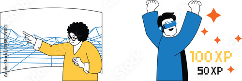 A person explaining complex network connections while another celebrates earning virtual experience points joyfully