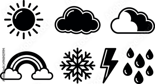 Vector line art weather icons set sun cloud rainbow snowflake lightning raindrops
