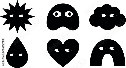 Six black shapes with eyes starburst ghost cloud teardrop heart and arch