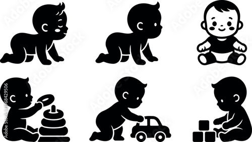 Babies silhouettes in playful poses with blocks and toy car