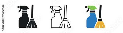 Cleaning spray and broom icon set. spray bottle, broom, cleaning tools, janitorial, household cleaning, sanitation, mop alternative, tidy. line, flat and colored vector icon set.