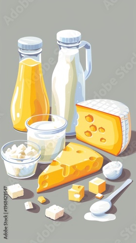 A variety of dairy products, including cheese, milk and butter, are depicted in the illustration, serving as the main backdrop for culinary themes.