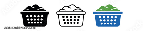 Laundry basket icon set. clothes basket, laundry hamper, dirty laundry, wash collection, perforated bin. outline flat and colored vector illustration.