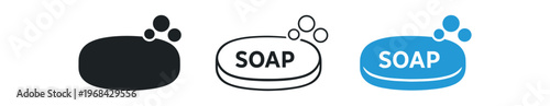 Soap bar icon set. soap, bubbles, hygiene, washing, cleansing, lather, label. line, flat and colored vector icon set.