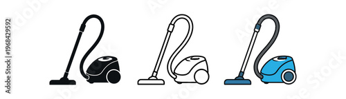Vacuum cleaner icon set. cleaning, hoover, home appliance, suction, floor, cordless, canister. line, flat and colored vector icon set.