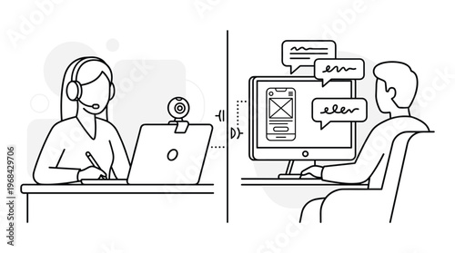 A remote usability testing session is conducted online, with a female moderator observing a male user interacting with a mobile app prototype on his computer screen.