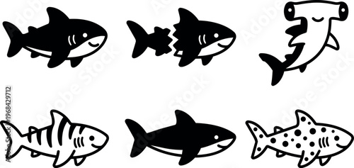 Vector line art sharks trio and hammerhead in black and white
