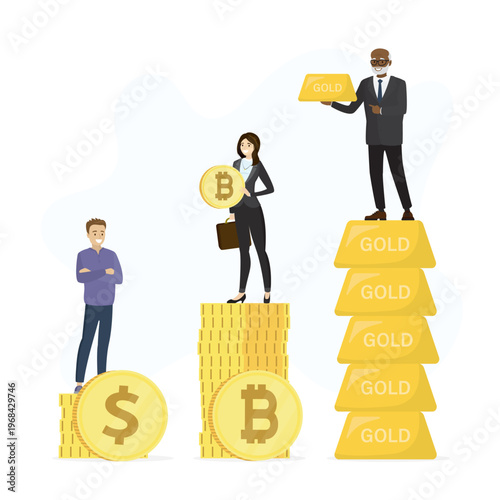 People standing on stacks of dollar coins, bitcoin and gold bars represent different levels of financial achievement and asset diversity. Precious metals for investment