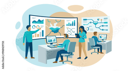 A dedicated team of data analysts works collaboratively in a high-tech control room, monitoring complex charts and flow diagrams on multiple large digital screens.