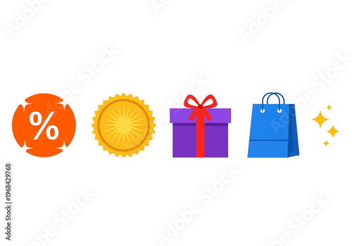 Five icons discount badge gold seal gift box shopping bag and sparkles