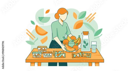 A health-conscious woman with orange hair carefully arranges a vibrant bowl of fresh fruit on a wooden table filled with nutritious snacks and a pitcher of pure water.