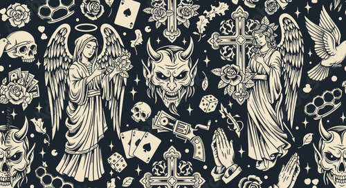 Seamless Tattoo Style Pattern with Angels, Devils, Skulls, and Religious Symbols in Vintage Black and Gray