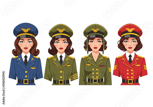 Female Military Officer and Pilot Avatars Set. Diverse Vector Illustration of Women in Army, Air Force, and Aviation Uniforms. Professional Captain and Commander Characters.