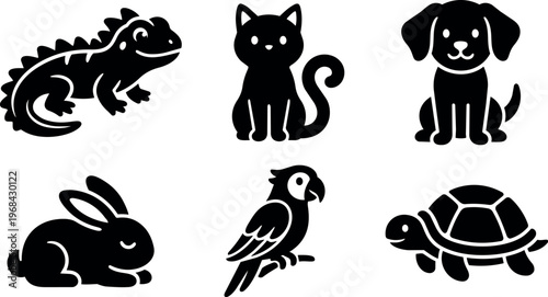 Vector art set of animal silhouettes lizard cat dog rabbit parrot turtle