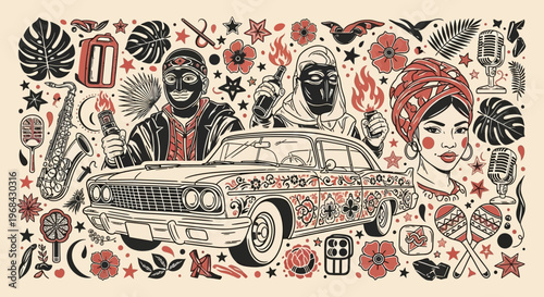 Chicano Urban Art Collage with Vintage Lowrider Car, Masked Figures, Street Style Elements, and Musical Symbols in Hand-Drawn Tattoo Flash Style