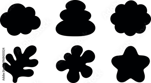 Abstract vector shapes set of black blobs and leaves in a grid