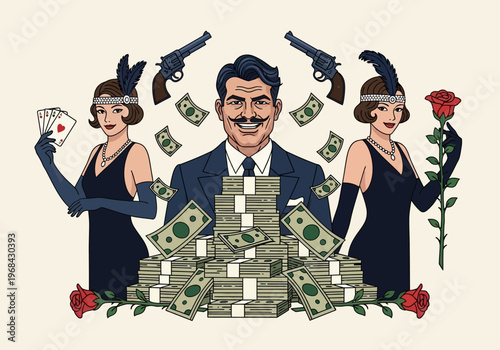 Retro Comic Book Art of Wealthy Mobster with 1920s Flapper Girls, Stacks of Cash, Pistols and Roses Symbolizing the Roaring Twenties Underworld