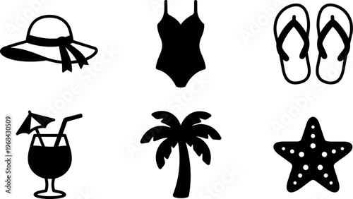 Summer beach icons vector set with hat swimsuit flip flops cocktail palm tree starfish