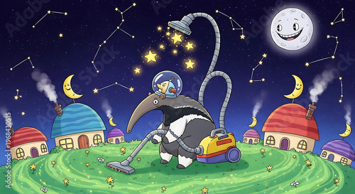 A cute anteater astronaut wearing a glass helmet uses a vacuum cleaner to gather bright glowing stars from the night sky above a small whimsical village with tiny cottages under a happy full moon