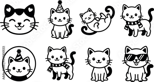 Cute vector cats in playful poses with party hat and scarf