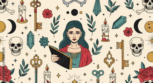 Mystical Witchcraft and Occult Illustration with Skulls, Crystals, and Magic Symbols. Hand-Drawn Vintage Tattoo Style Art Featuring a Sorceress Holding a Spellbook.