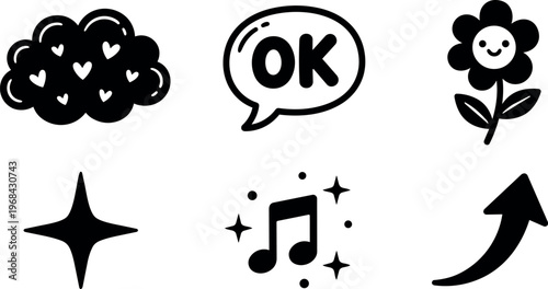 Black and white cute icons set with heart cloud ok speech flower sparkle music and arrow