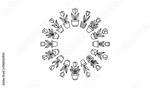 Minimal tulip flowers in pots line art collection with black and white botanical illustration in circular composition isolated on white background