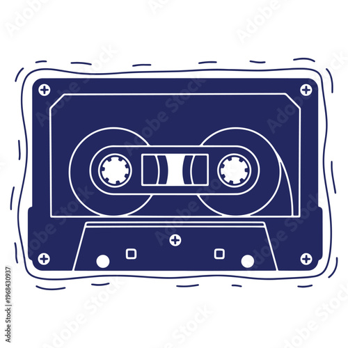 Retro Audio Cassette Tape Illustration with Doodle Style Border for Vintage Music and Audio Lovers
