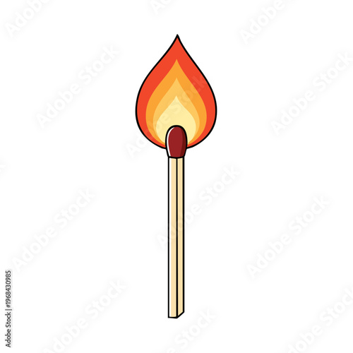 Lit wooden matchstick with a bright orange and yellow flame for ignition and fire starting