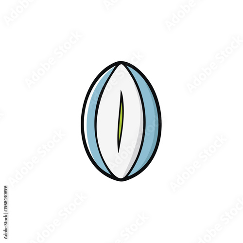 Stylized outline of a seed pod or oval capsule with a green center and blue trim