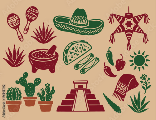 Stylized Mexican cultural illustration with maracas agave sombrero piñata tacos chili peppers molcajete sun cacti pyramid blanket and aloe plant in red and green on tan background representing heritag
