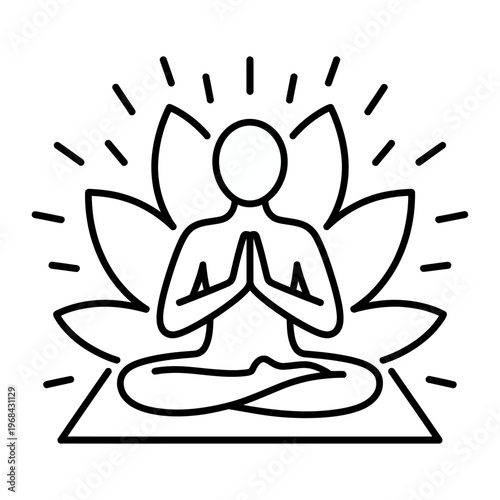 Vector of a figure meditating in lotus position surrounded by a glowing lotus flower design
