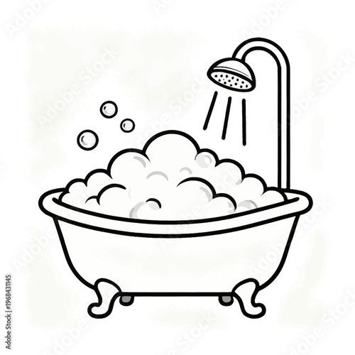 White vector bathtub with bubbles overflowing and a showerhead above it