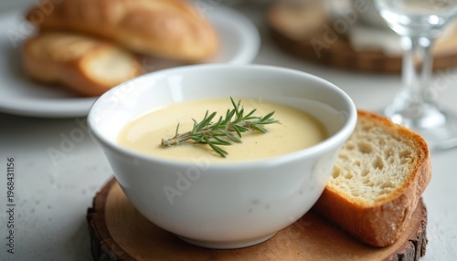 Creamy soup in white bowl with rosemary garnish and bread slice. Served on wooden board with glass of water. Rustic meal presentation for cozy dining.