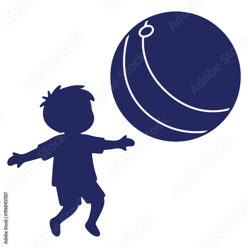Silhouette of a child reaching for a large beach ball artistic concept of childhood innocence and carefree fun in monochrome