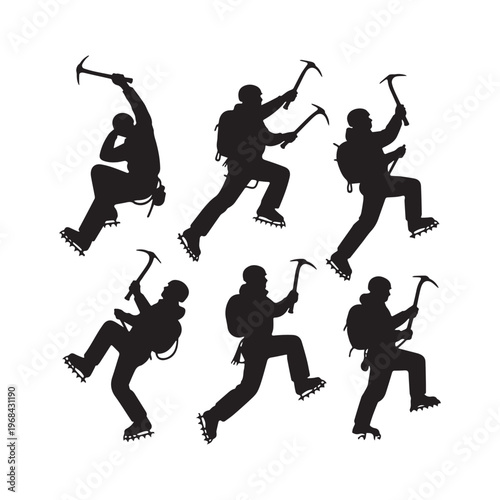  Collection Of Black Silhouette Icons Featuring Mountaineers Climbing With Ice Axes Equipment. 